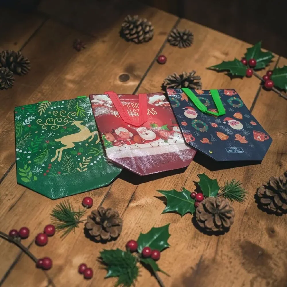 Christmas Gift Bag Lot of 3 Reusable Holiday Gift Bags Santa Reindeer Gift Wrap